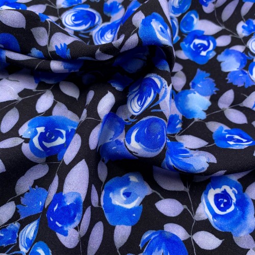 Rose Printed Viscose Fabric - Black / Multi VS0001