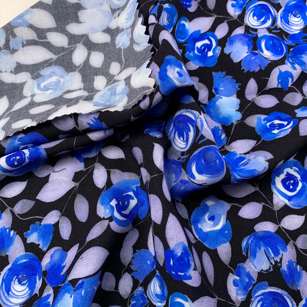 Rose Printed Viscose Fabric - Black / Multi VS0001