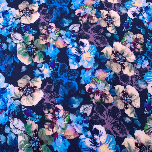 Flowers Pattern Printed Viscose Fabric - Dark Blue / Multi VS0002