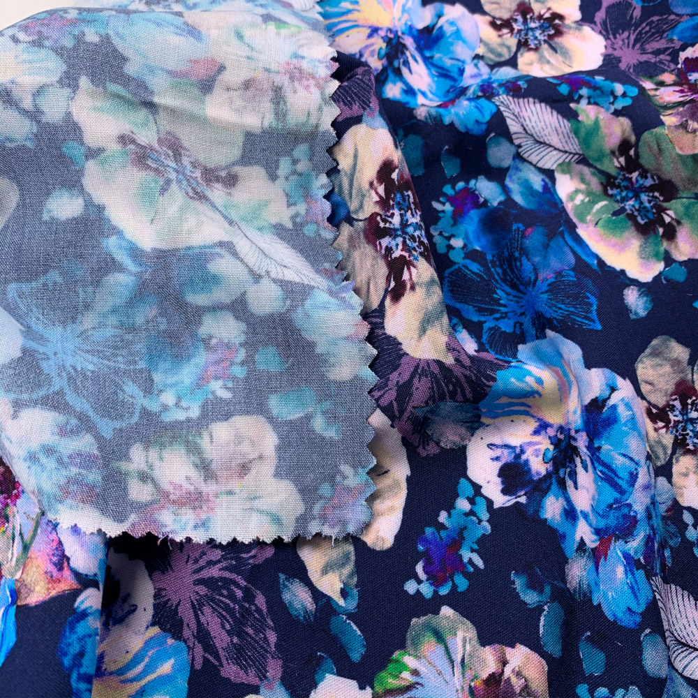 Flowers Pattern Printed Viscose Fabric - Dark Blue / Multi VS0002