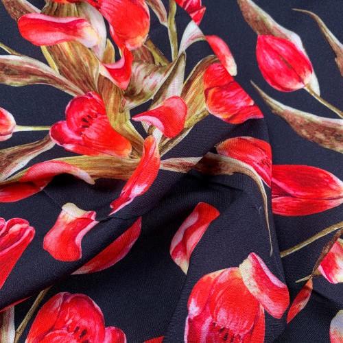 Red Rose Pattern Printed Viscose Fabric - Red / Multi VS0003